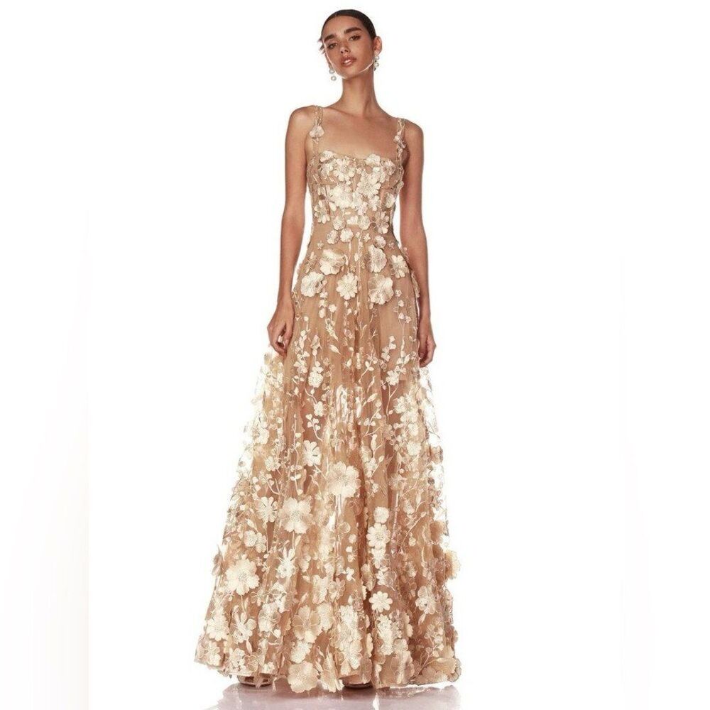 NWOT BRONX AND BANCO JASMINE GOLD GOWN with flower appliqués, wedding max dress